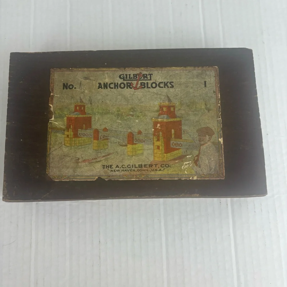 Antique-Wooden Box W/Advertising/Gilbert Anchor Blocks/Retro Toy Decor